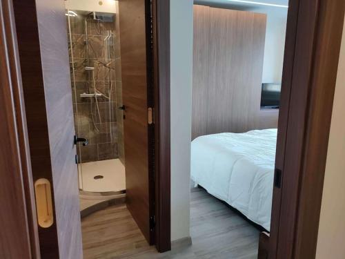 eine Tür zu einem Schlafzimmer mit Dusche und Bett in der Unterkunft Appartamento elegante in centro Q434 in Breuil-Cervinia