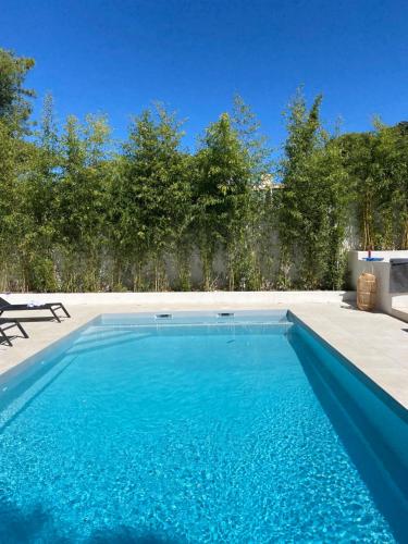 une piscine avec de l'eau bleue dans une cour arrière dans l'établissement les Alizés, à Marseille