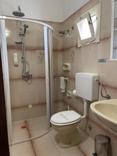 a bathroom with a shower and a toilet and a sink at Albergo Europa in Marina di Mancaversa