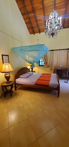 a bedroom with a bed and a chandelier at Hantana Forest Reserve Inn in Kandy