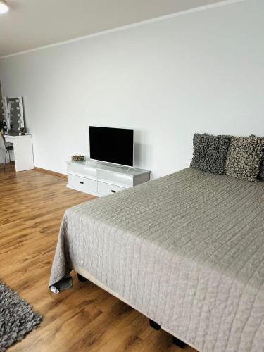 a bedroom with a bed and a flat screen tv at Armas korter Viljandi südames! in Viljandi