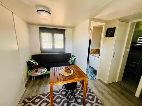 un salon avec une table et un canapé dans l'établissement Mobil-Home Andalousia, à Villemur-sur-Tarn
