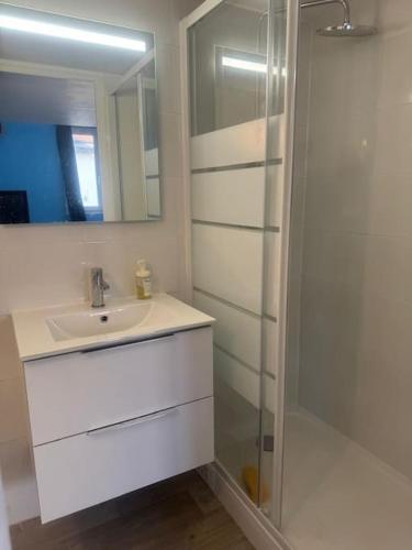 une salle de bain blanche avec un lavabo et une douche dans l'établissement Appartement cozy proche de toutes commodités, à Gagny