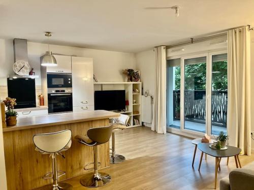 Il comprend un salon avec une cuisine équipée d'une table et de chaises. dans l'établissement Location appartement ou chambre à 25 min de Paris, à Villemomble