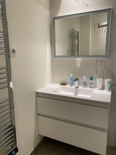une salle de bain avec un lavabo blanc et un miroir dans l'établissement Yafi Velasquez, à Cannes