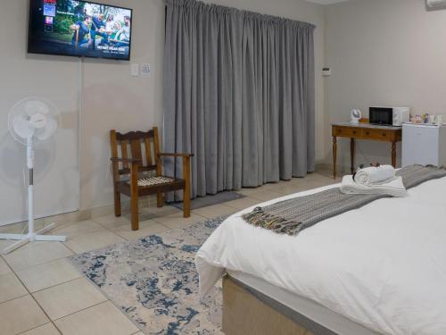 a bedroom with a bed and a tv and a chair at In die Veld Guest Rooms in Bloemfontein