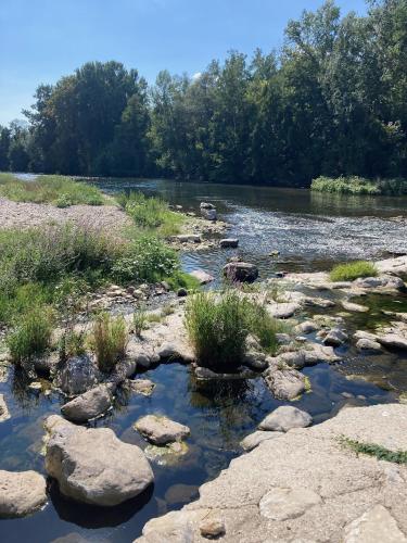 une rivière avec des rochers et des arbres en arrière-plan dans l'établissement Nid de la lègue, à Saint-Hilaire-de-Brethmas