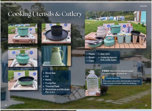 a collage of photos of a website with pots and pans at The Starry Dome Couple Room in Cameron Highlands