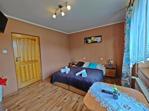 a bedroom with a bed with blue sheets and a table at Pokoje Gościnne Łukaszczyk in Białka Tatrzanska