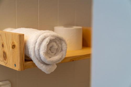 a wooden shelf with a roll of toilet paper on it at Santuari de Santa Maria de Montgrony in Gombreny