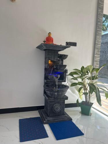 a person sitting on a water fountain in a room at Viyanga Homestay in Ella