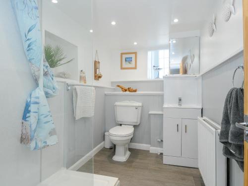 une salle de bains blanche avec toilettes et lavabo dans l'établissement Stone's Throw Cottage, à Launceston