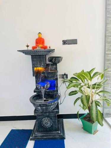 a water fountain with a man sitting on top of it at Viyanga Homestay in Ella