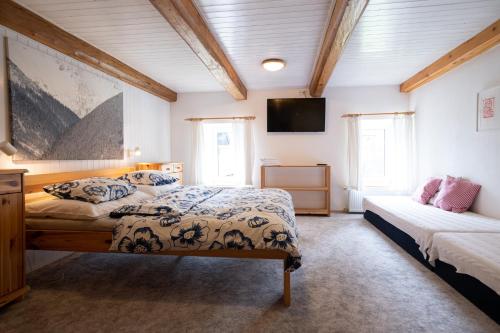 a bedroom with two beds and a flat screen tv at Penzion Statek u Rajtrů in Bedřichov