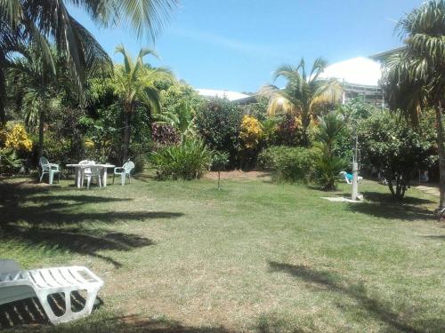 a park with a table and chairs and palm trees at Appartement confortable à Tartane, 20 m² avec accès PMR in Tartane