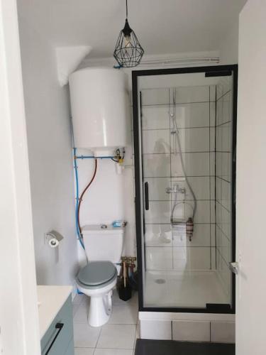 une salle de bain avec toilettes et douche en verre dans l'établissement Studio Coatserho, à Lorient
