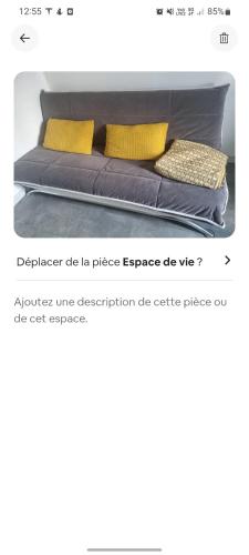 - un lit avec 2 oreillers jaunes au-dessus dans l'établissement Studio indépendant et Jardin 600m2 Terrasse, à Carbon-Blanc