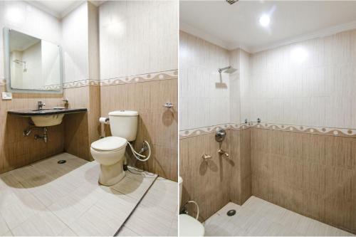 two pictures of a bathroom with a toilet and a sink at FabHotel CS Jalandhar in Jalandhar