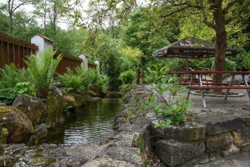 a pond in a garden with a table and an umbrella at Černodolský mlýn in Chotiměř