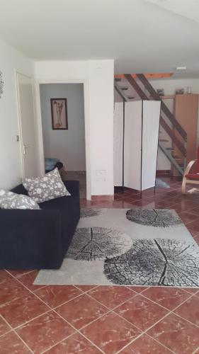 a living room with a black couch and a rug at Borostyán Vendégház in Tiszaug