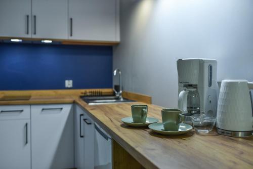 a kitchen with two green cups on a counter at VacationClub - Podgórzyńska 6A Apartament 5 in Jelenia Góra
