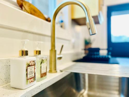 a kitchen counter with a sink and a soap dispenser at Drifterland Artistic Retreat in Lawrenceville in Pittsburgh