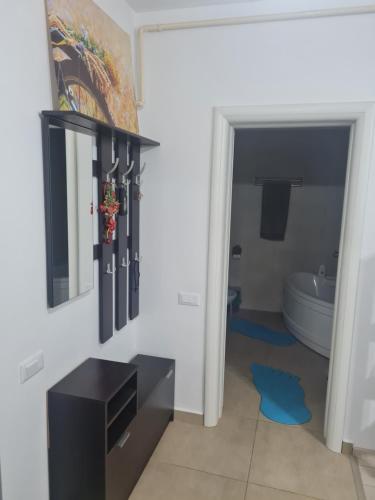a bathroom with a black cabinet and a toilet at Luxury 1 Bedroom Apartment in Roşu