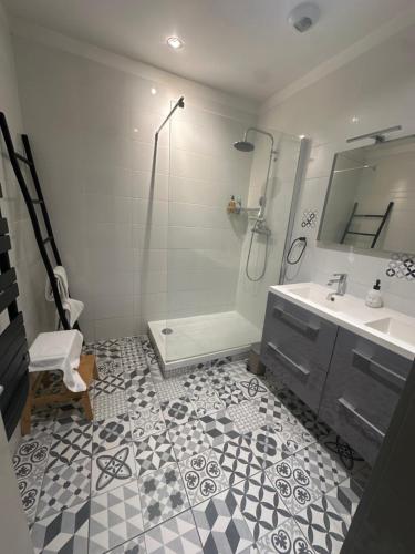 une salle de bain avec douche et lavabo dans l'établissement Maison bohème centre ville avec parking, à Orléans