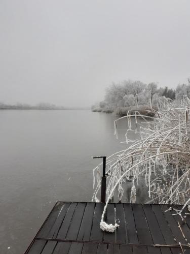 a dock on a body of water with a snow covered at Borostyán Vendégház in Tiszaug