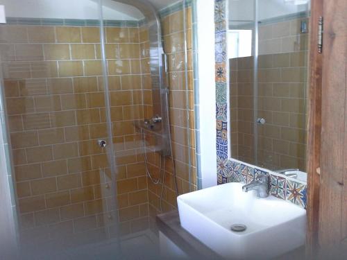 une salle de bain avec un lavabo et une douche avec un miroir dans l'établissement La Malisse, à Vaison-la-Romaine