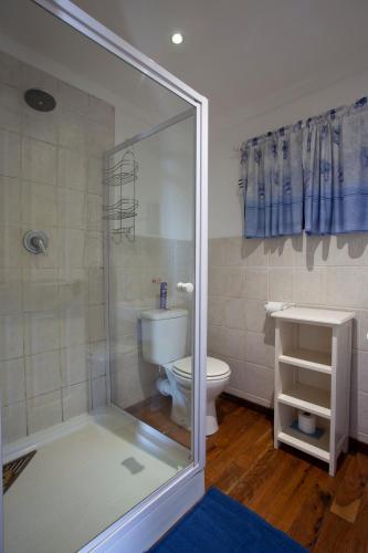 a bathroom with a toilet and a glass shower at Mar Azul 18 in Ponta Malongane