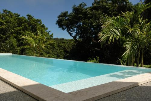 a swimming pool with trees in the background at momo in Kirabaru