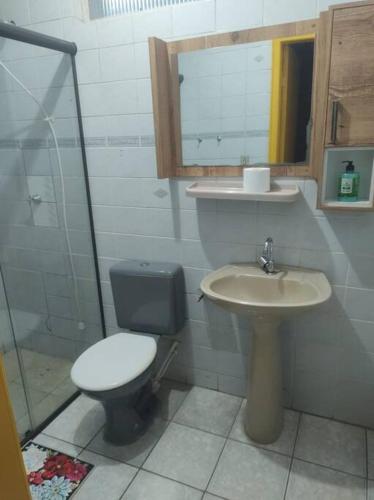 a bathroom with a toilet and a sink at Exclusivo Haras Marilu! in Atibaia