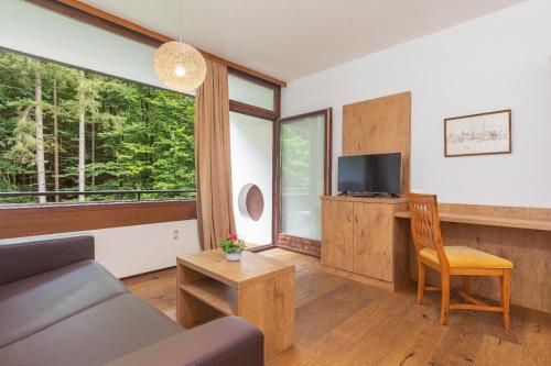 a living room with a couch and a tv at Appartementhaus Dachsteinblick mit Indoorpool und Sauna in Bad Goisern