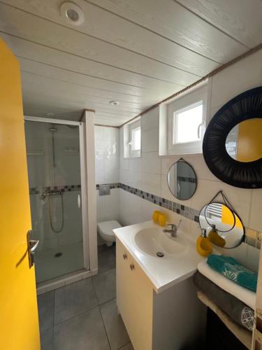 une salle de bain avec un lavabo, une douche et des toilettes dans l'établissement Lodge des pins au coeur de la forêt d'Olonne, à Olonne-sur-Mer