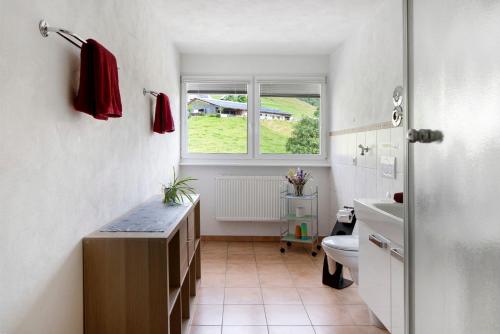 a bathroom with a toilet and a sink and a window at Sport Rees - Ferienwohnung Melanie in Oberried