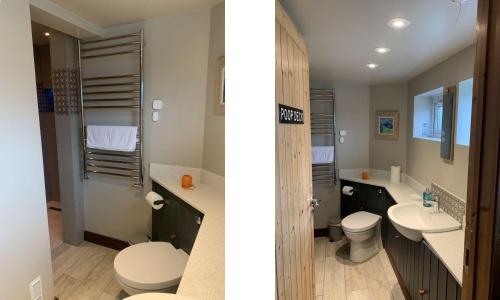 two images of a bathroom with a toilet and a sink at Sundeck in Brixham