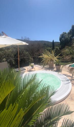 une piscine dans une cour avec un parasol dans l'établissement Auberge du Dom, à Bormes-les-Mimosas