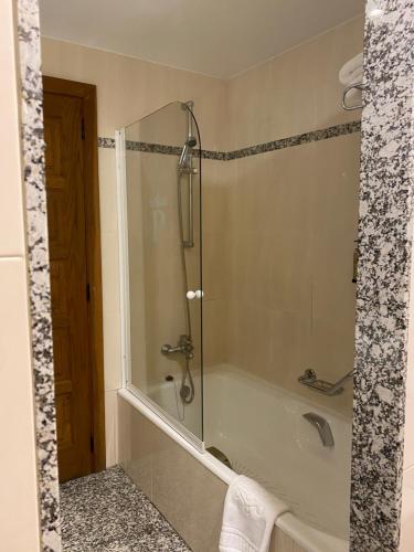 a bathroom with a shower and a bath tub at Parador de Vilalba in Villalba