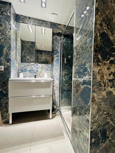 une salle de bain avec un lavabo et une douche dans l'établissement Appartement proche Monaco , 600m de la plage, à Roquebrune-Cap-Martin