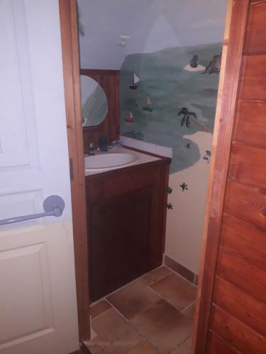 a bathroom with a sink and a mirror at Les 7 Lucarnes in Latouille-Lentillac