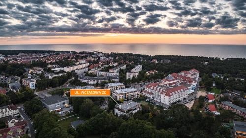 an overhead view of a city with a sign at Wczasowa Apartamenty Południowe, Sun & Snow in Ustka