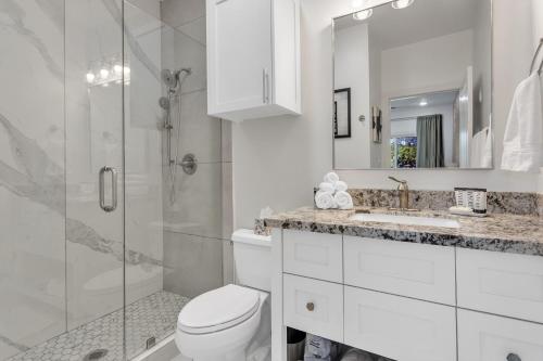 a bathroom with a toilet and a shower and a sink at Whiskey River - Texas Music Theme in Historic Gruene, Riverfront on the Guadelupe River in New Braunfels