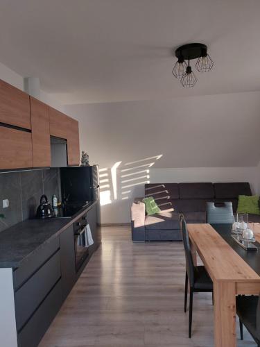 Zubrzyca DolnaZubrzycki Zakątek的配有桌子和沙发的厨房和客厅