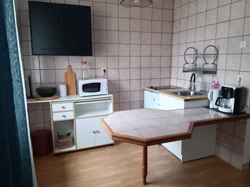 une petite cuisine avec un évier et un micro-ondes dans l'établissement joli studio idéalement situé, à Vichy