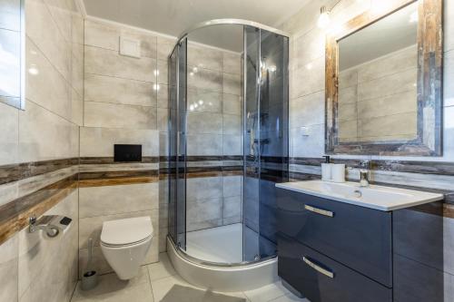 a bathroom with a shower and a toilet and a sink at U Haliny in Biały Dunajec