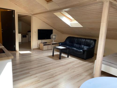 ヴィリニュスにあるDominaの黒い革張りのソファとテレビのあるリビングルーム