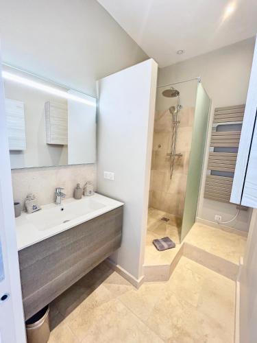 une salle de bain avec un lavabo et une douche dans l'établissement Cannes Vidal Rue Antibes SNCF station 2 mn 1 BR new 2024 quiet building hyper center by Olam Properties, à Cannes