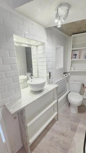 une salle de bain blanche avec un lavabo et des toilettes dans l'établissement L'Histoire Clermontoise - Tramway au pied du logement, à Clermont-Ferrand