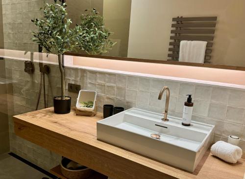 a bathroom with a white sink and a mirror at Verweilzeit Appartementhaus in Ramsau am Dachstein